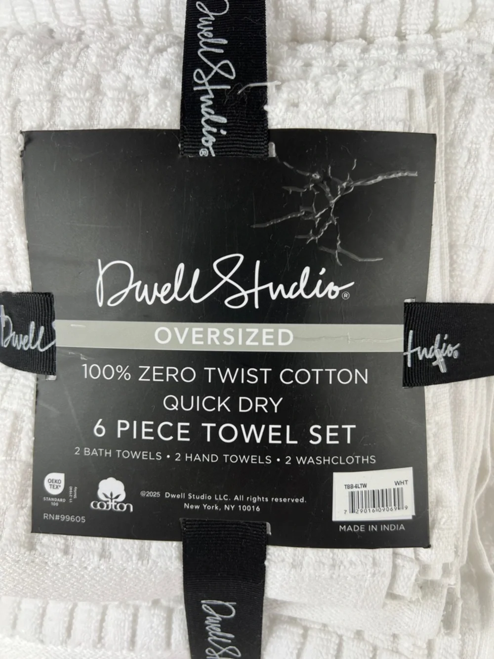 Dwell Studio Bath Towel Set 6 PC White Quick Dry 100% Zero Twist Cotton NEW
